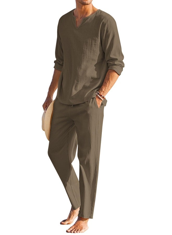 COOFANDY Men's Linen Suits 2 Piece Summer Beach Outfits V Neck Shirt Drawstring Pants Sets - Image 1